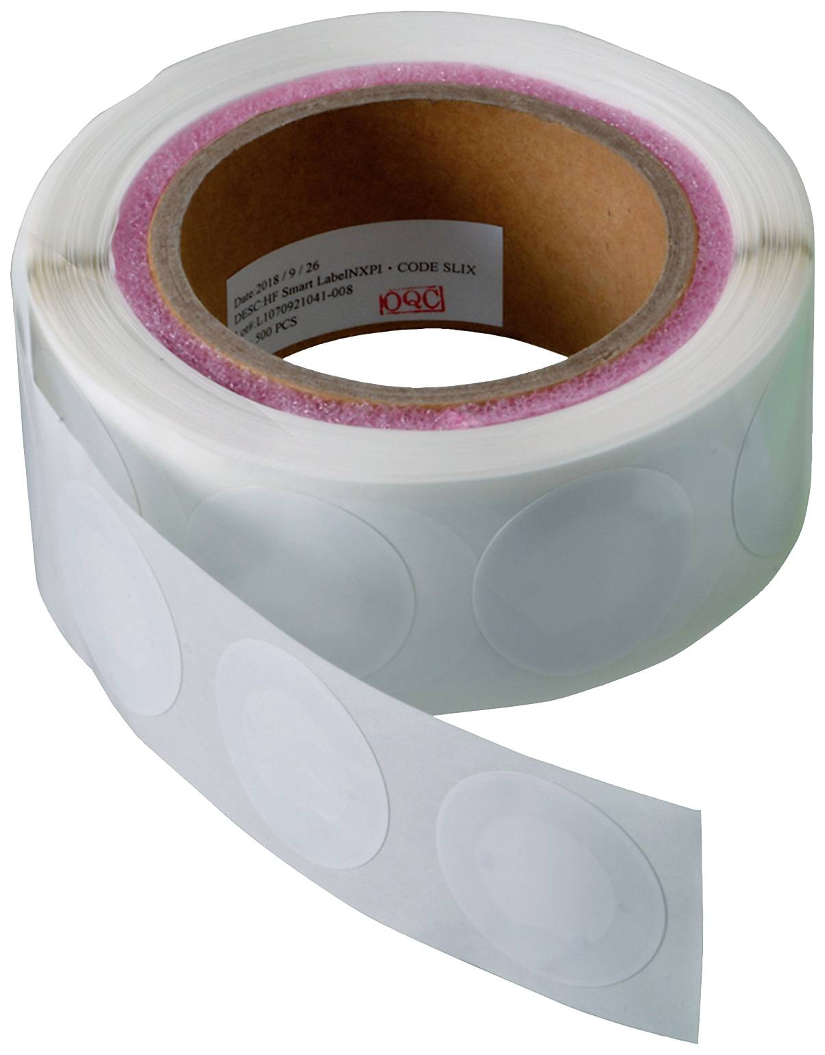 Rolle mit weißen, runden Aufklebern.