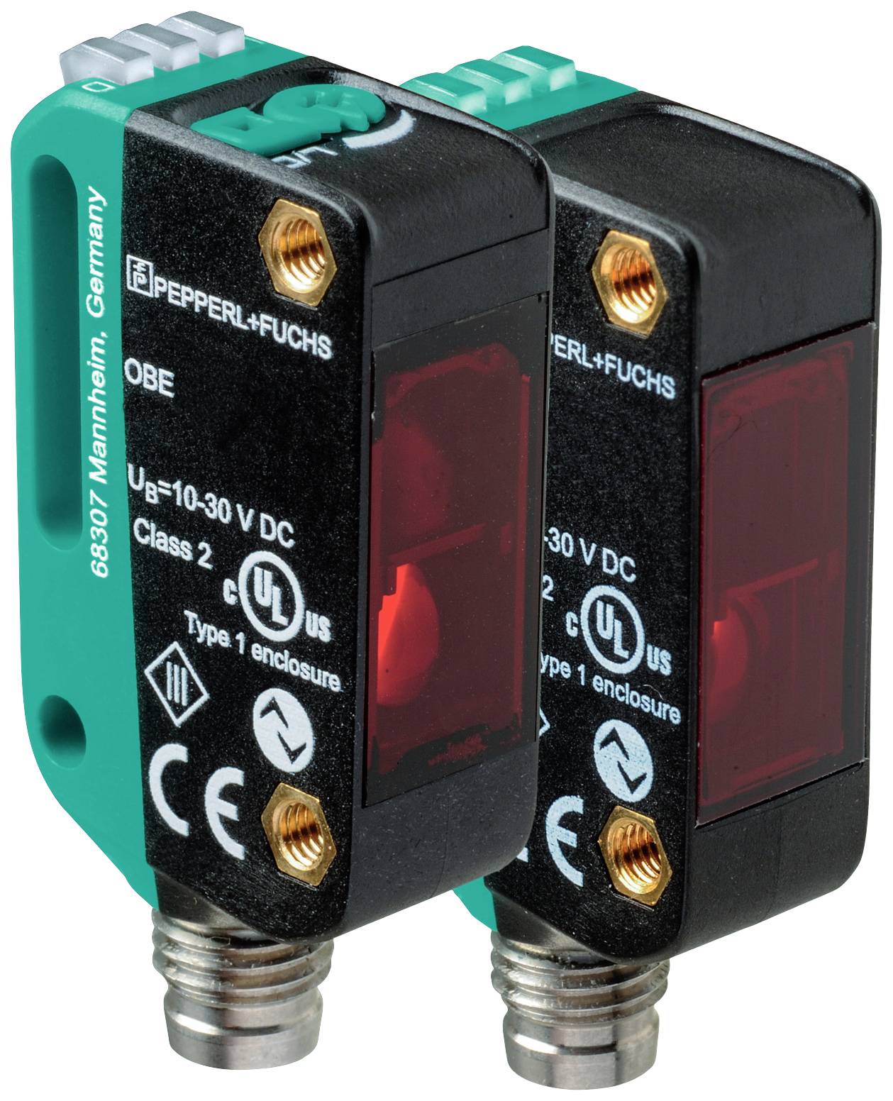 Zwei elektronische Sensoren der Marke Pepperl+Fuchs, Modell OBE, jeweils mit Anschlusssteckern und CE-Kennzeichnung, zur Industriesteuerung.