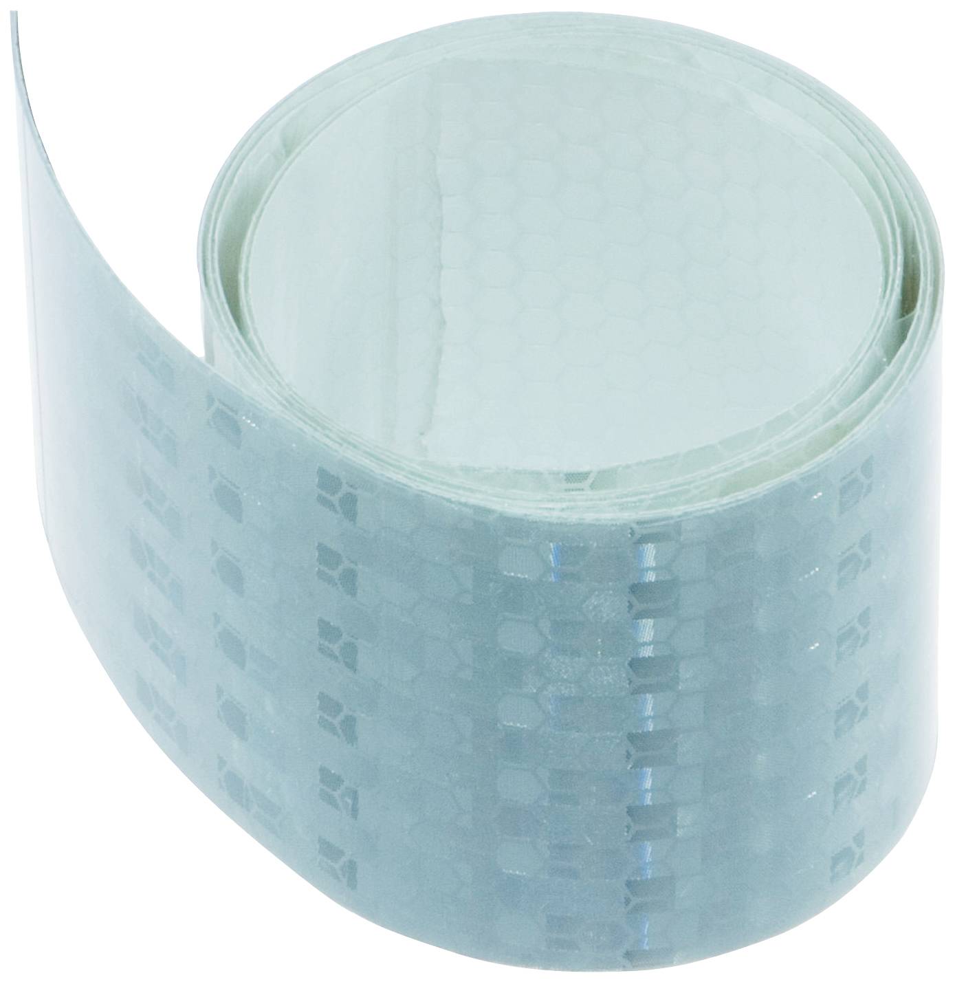 Transparente, reflektierende Klebefolie, aufgerollt. Verwendbar zur Verbesserung der Sichtbarkeit bei Dunkelheit oder schlechten Lichtverhältnissen.