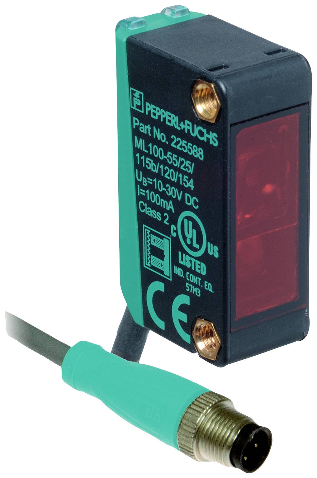 Sensor mit rechteckigem Gehäuse, rotem Lichtstrahler und Kabelanschluss. Etikett mit technischen Spezifikationen und Zertifizierungen.