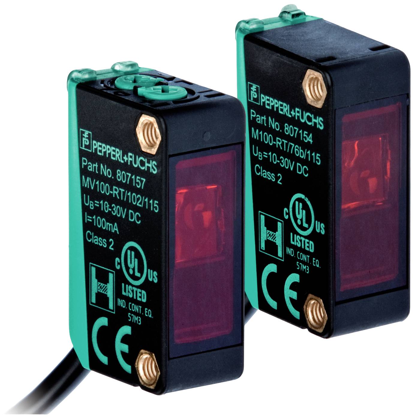 Zwei elektronische Sensoren von Pepperl+Fuchs, Modelle 807157 und 807154, mit UL-Zertifizierung und CE-Kennzeichnung.