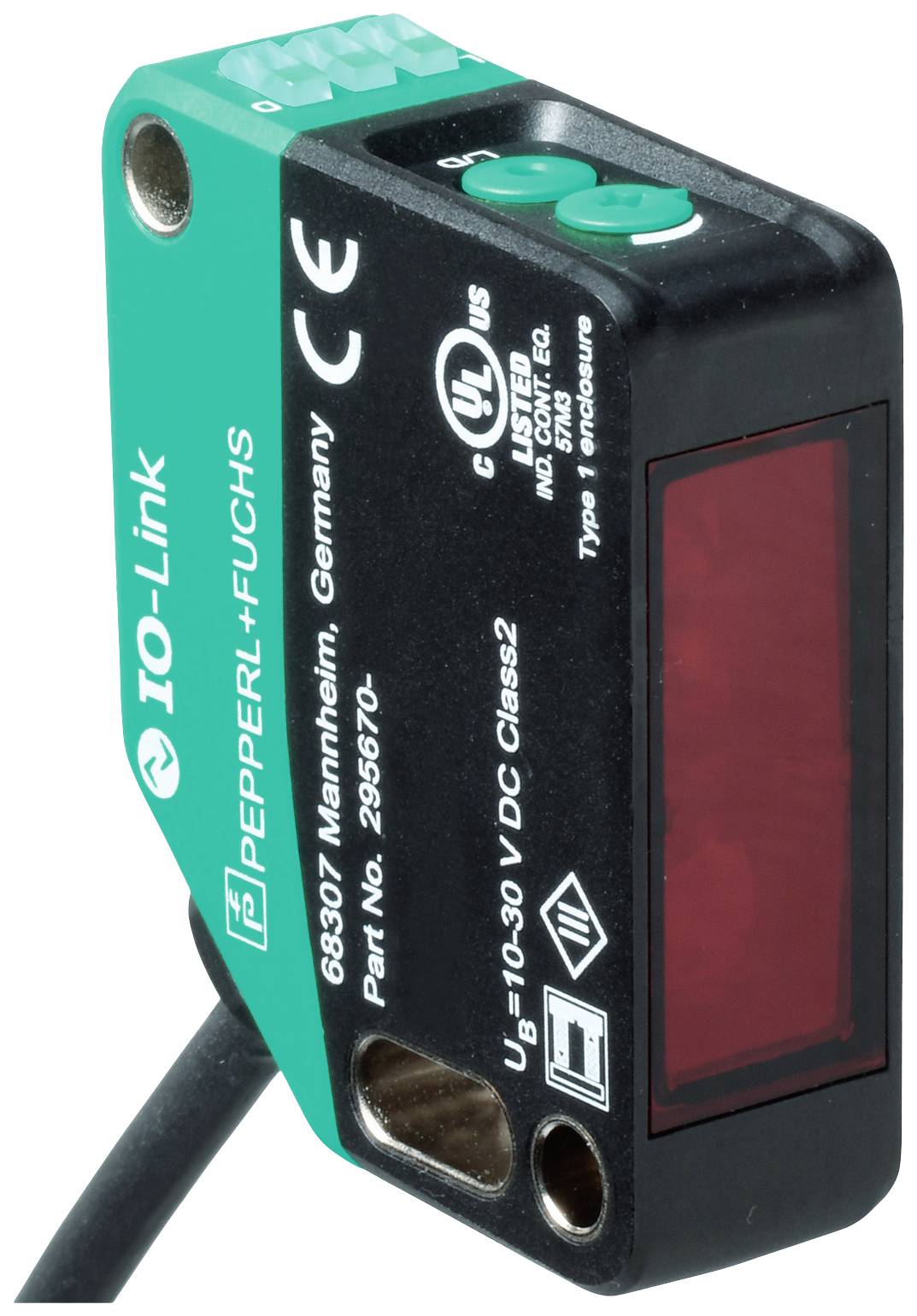 Ein rechteckiger Sensor von Pepperl+Fuchs mit grüner Oberseite, schwarzem Gehäuse, zwei Knöpfen und einer roten Linse.