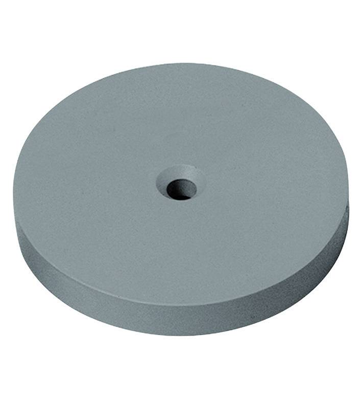 Eine runde, graue Metallplatte mit einem kleinen zentralen Loch. Sie könnte als Basisteil in mechanischen Konstruktionen verwendet werden.