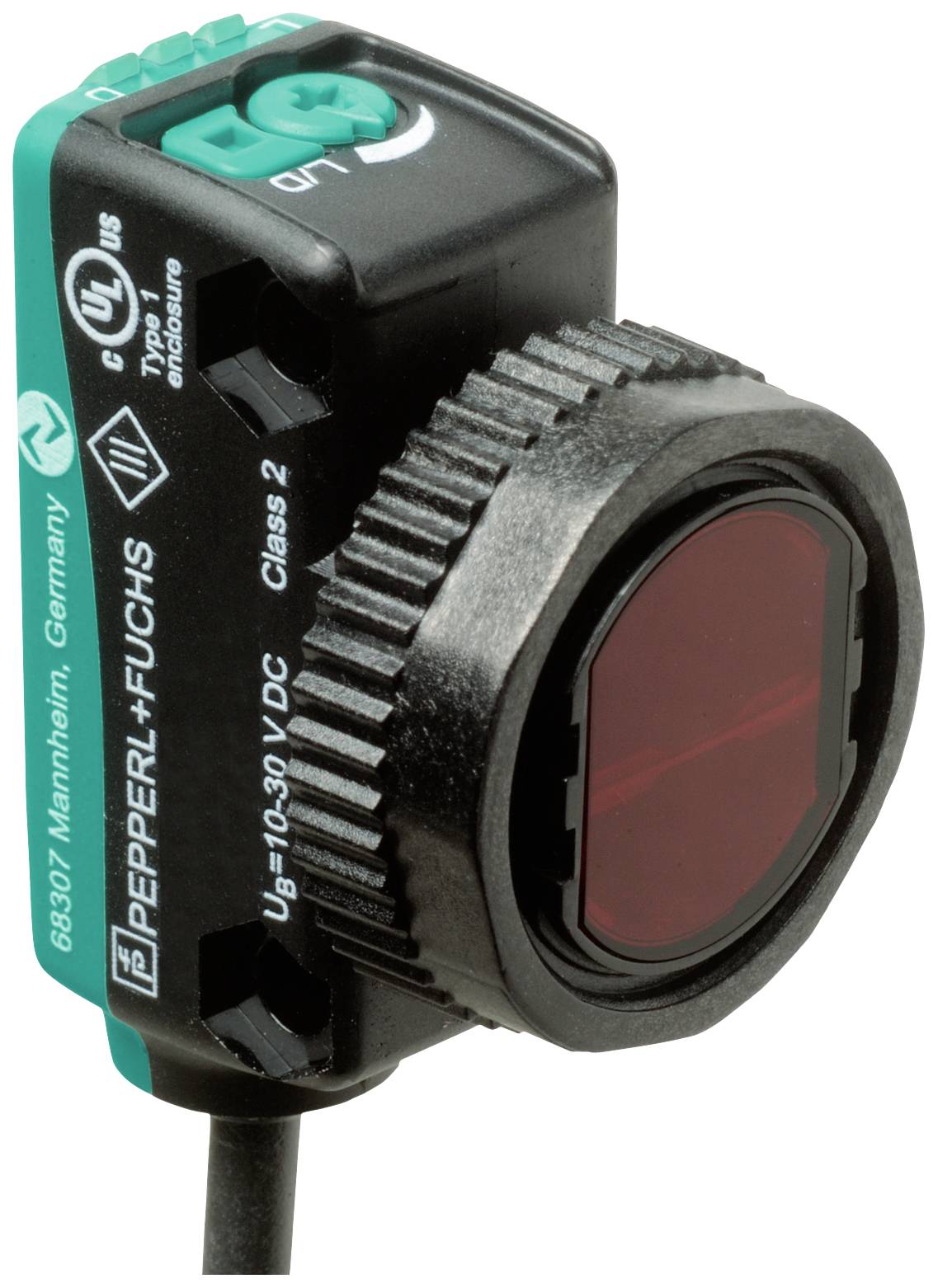 Ein optischer Sensor von Pepperl+Fuchs, schwarzes Gehäuse mit roter Linse, verwendet zur Erkennung von Objekten in Automatisierungssystemen.