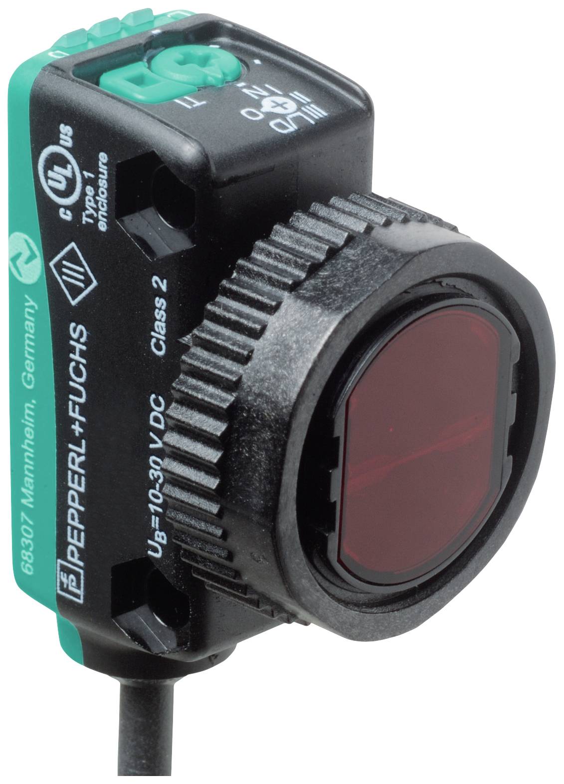 Optischer Sensor von Pepperl+Fuchs. Schwarzes Gehäuse mit roter Linse und grünen Details. Zur Objekterkennung in Automatisierungssystemen.