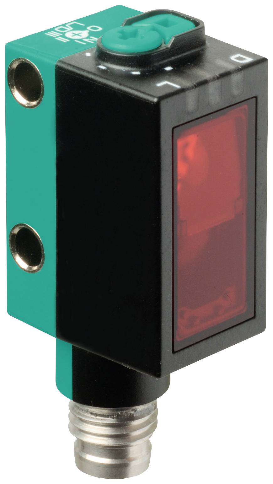 Ein rechteckiger elektronischer Sensor mit rotem Sichtfenster und grüner Oberseite. Verfügt über Anschlüsse an der Unterseite.