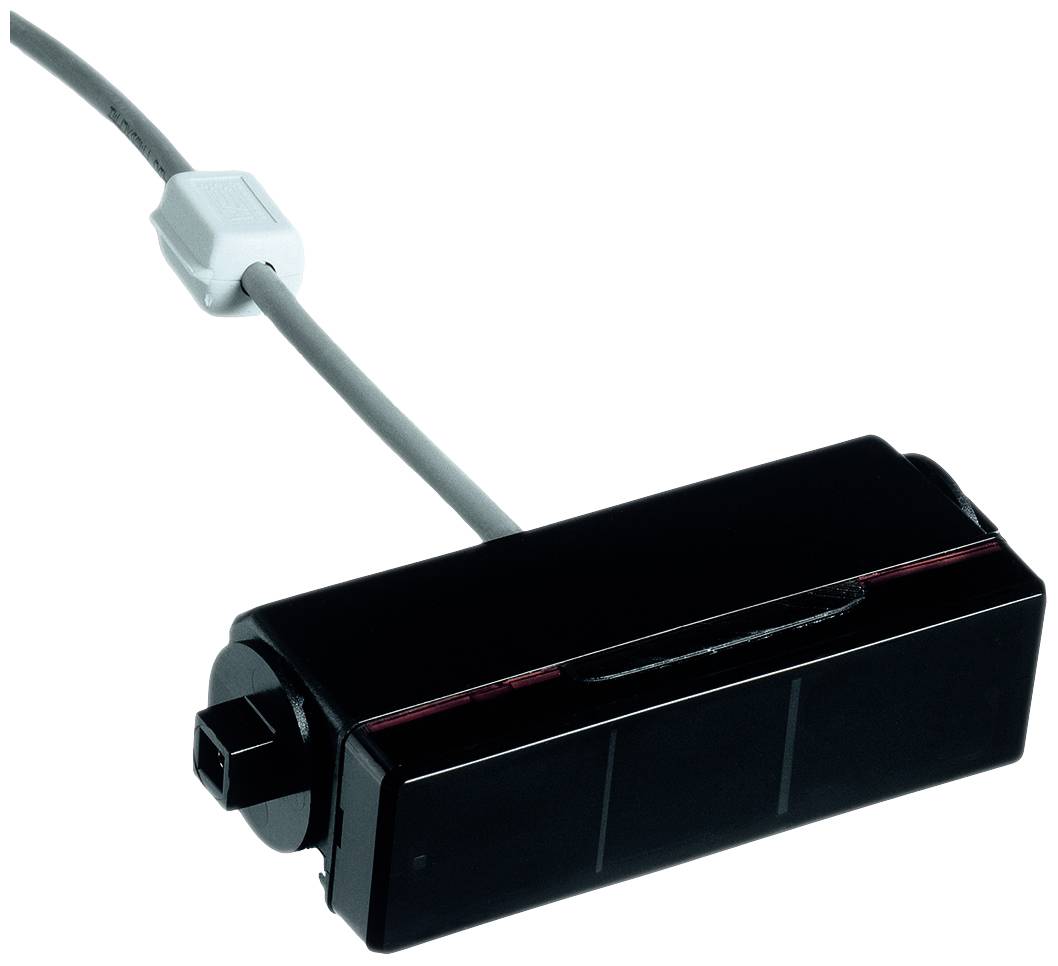 Ein rechteckiger, schwarzer Sensor mit Kabel und weißem Stecker. Der Sensor hat eine glatte Oberfläche und ist rechteckig geformt.