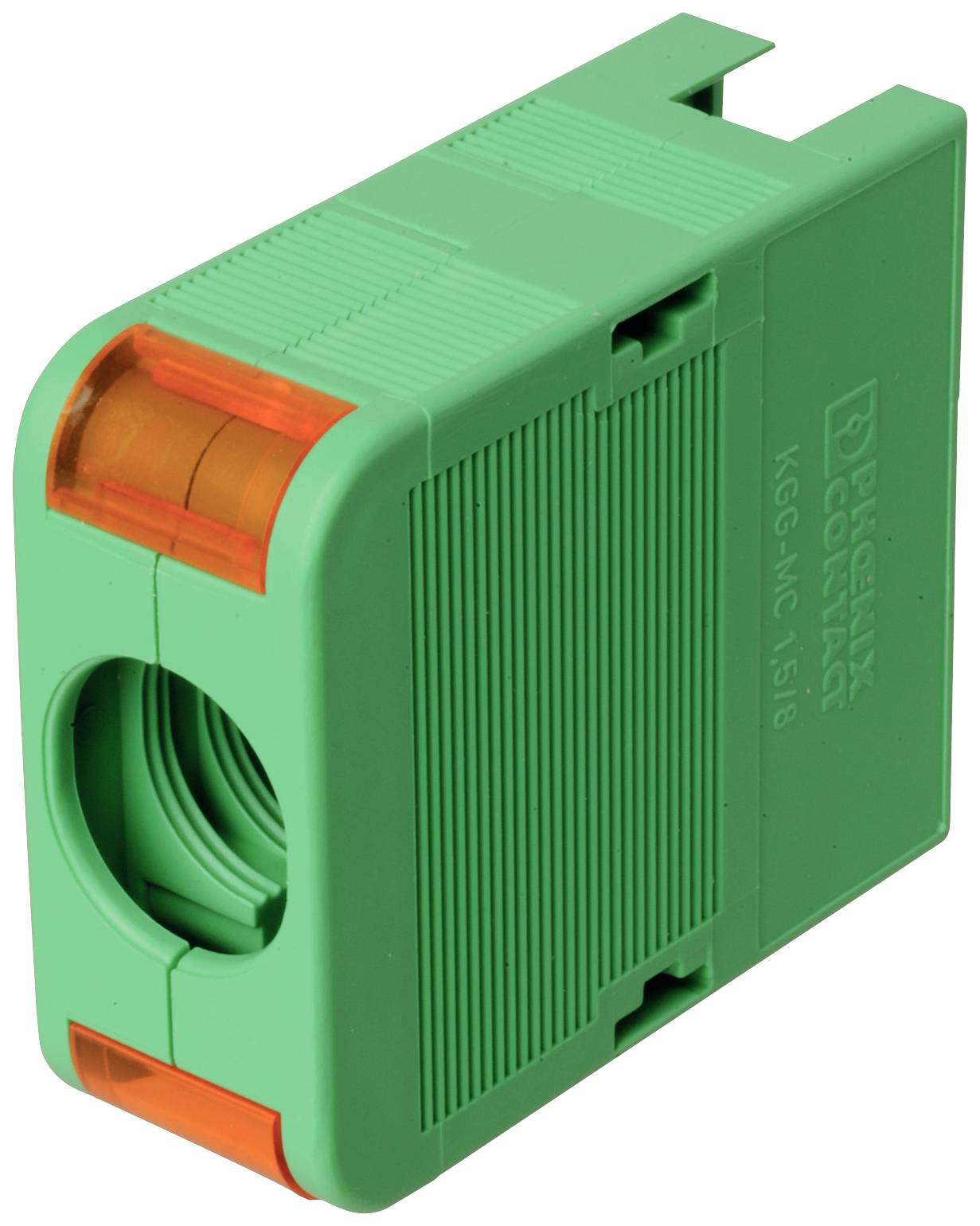 Grünes Kunststoffgehäuse mit orangen Elementen, keine weiteren Informationen vorhanden.