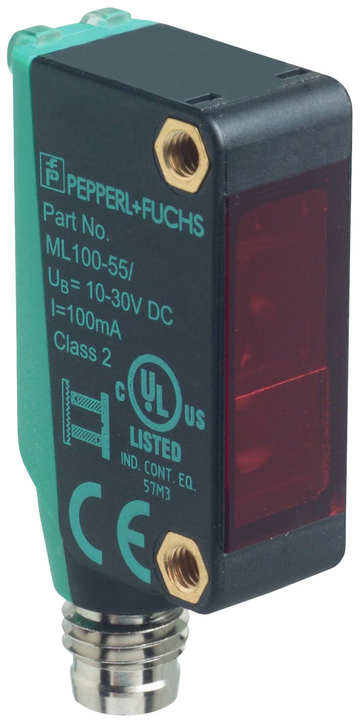 Ein rechteckiger Sensor von Pepperl+Fuchs, Modellnummer ML100-55, mit einem Gleichspannungsbereich von 10-30V und 100mA Stromaufnahme.