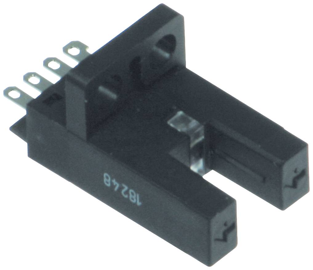Optoelektronischer Sensor in U-Form, schwarzes Gehäuse mit sechs Pins, eingesetzt zur Erkennung von Unterbrechungen oder Objekten.