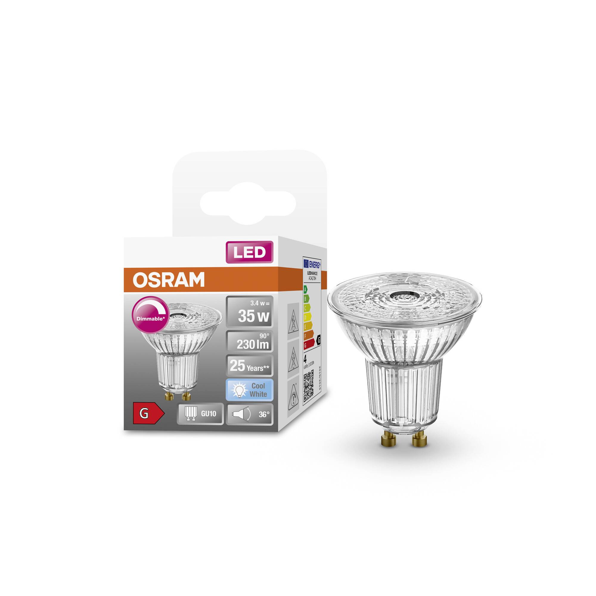 OSRAM HOMELIGHTING 4058075797666 LED EEK G (A - G) GU10 Reflektor 3.4W = 35W Kaltweiß (Ø x H) 50mm x 50mm 1St.