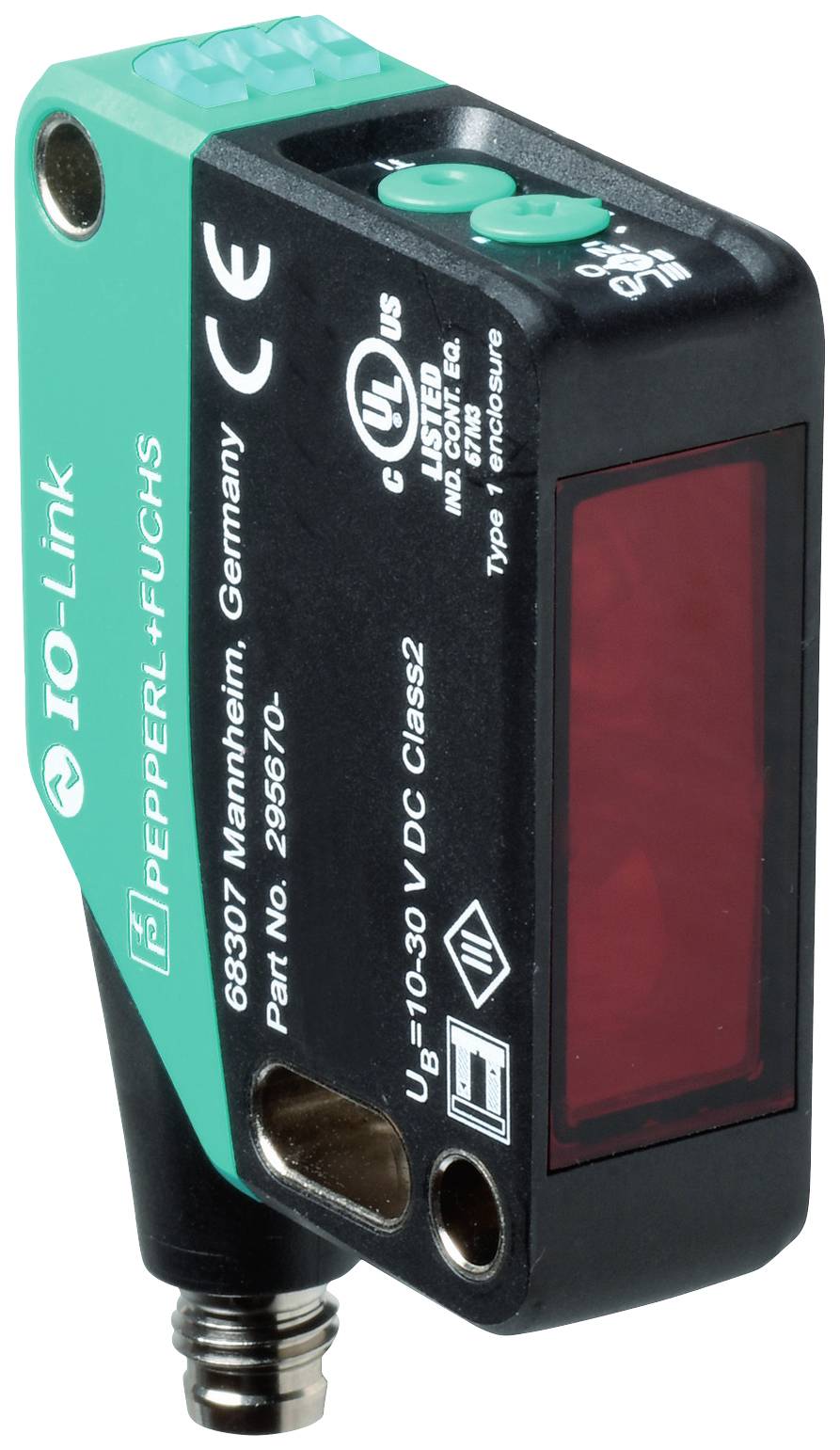 Ein rechteckiger, grüner und schwarzer elektrischer Sensor mit dem Aufdruck 'Pepperl+Fuchs', 'CE' und 'IO-Link'.