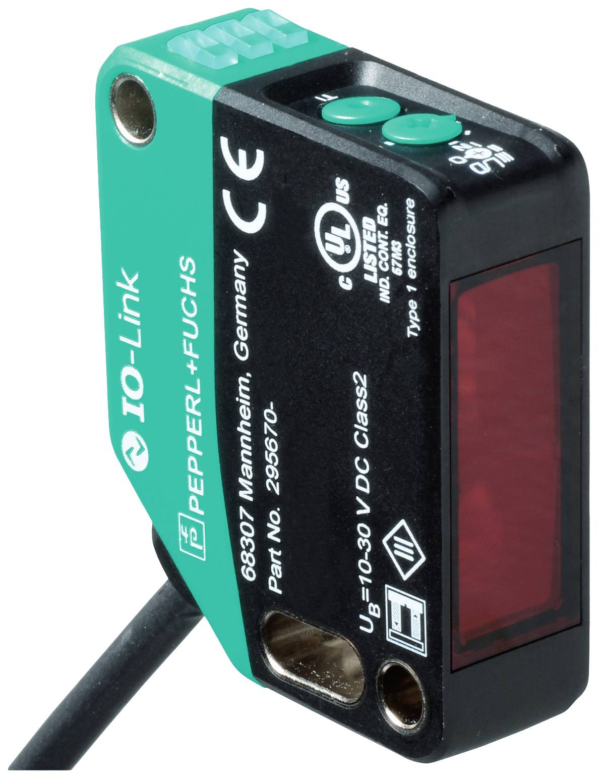 Induktiver Sensor der Marke Pepperl+Fuchs mit IO-Link-Funktionalität, grün-schwarzes Gehäuse, hergestellt in Mannheim, Deutschland.