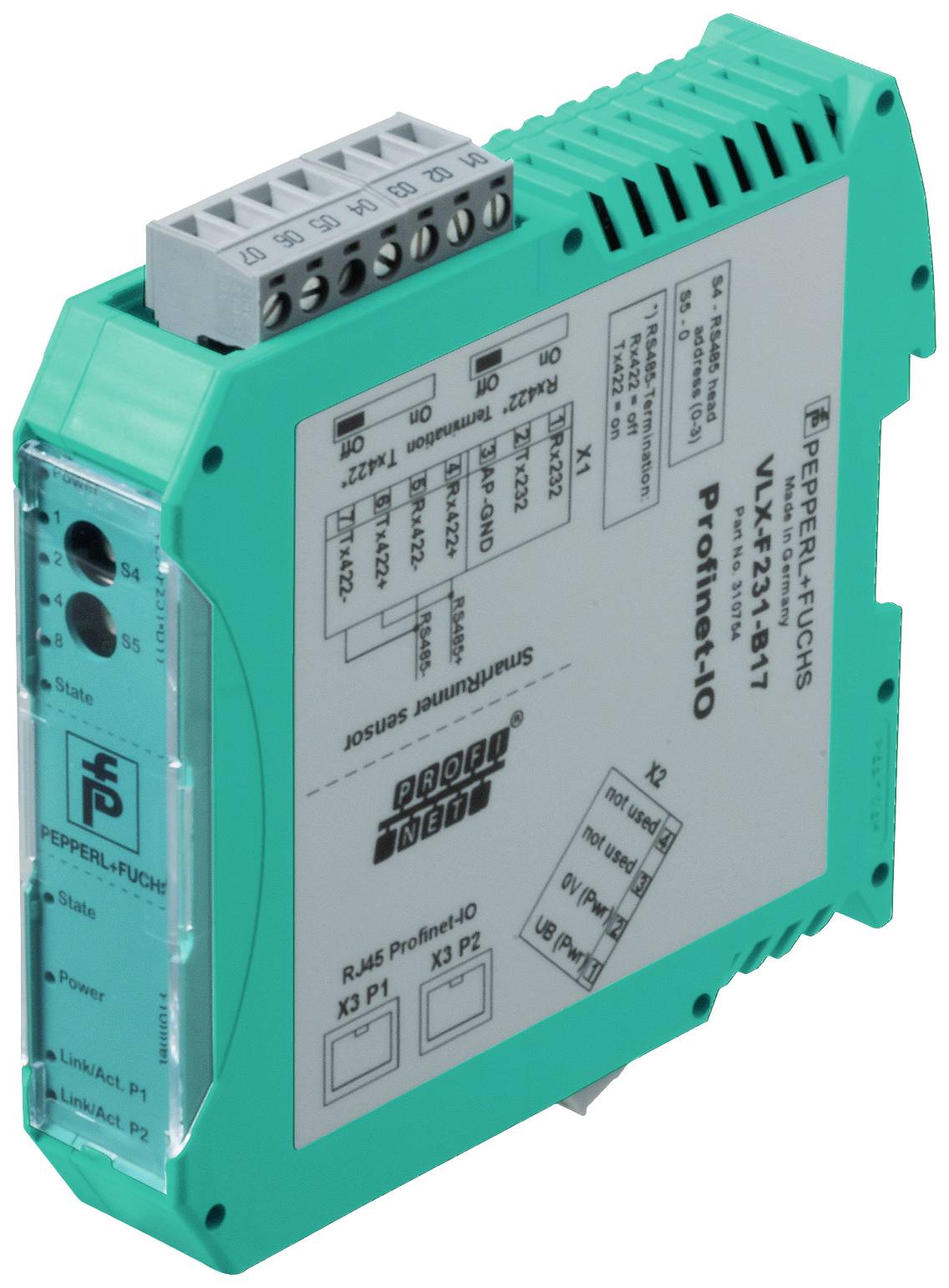 Ein grünes elektronisches Gerät, vermutlich ein Verbindungsmodul mit mehreren Anschlussklemmen und Beschriftungen für technische Zwecke.