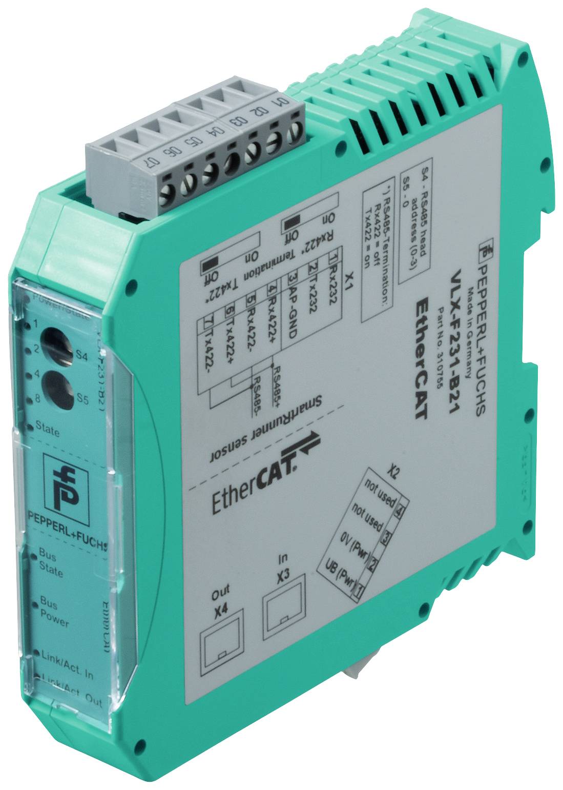 Ein grünes elektronisches Modul von Pepperl+Fuchs mit Anschlussklemmen und Beschriftungen, geeignet für den Einsatz mit EtherCAT-Systemen.