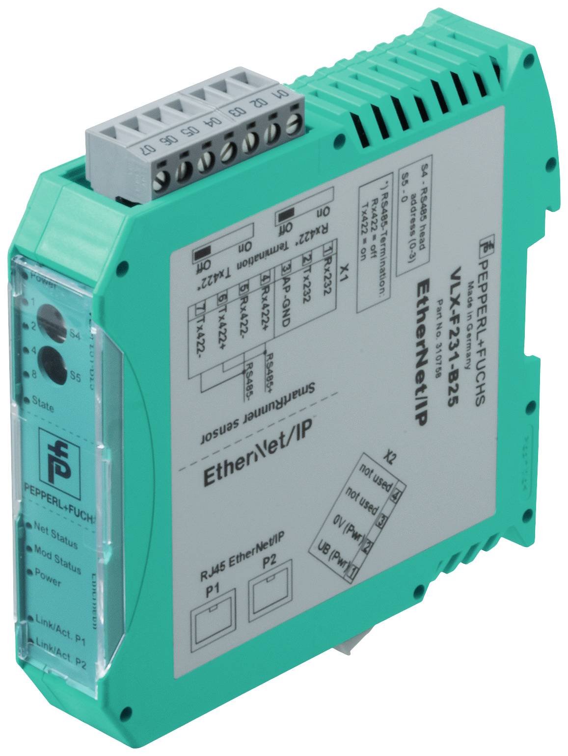 Ein grünes Industrie-Gateway-Modul mit Ethernet/IP- und Profibus-Schnittstellen, Modellnummer 'VBG-PN-K20-DMD', von Pepperl+Fuchs.