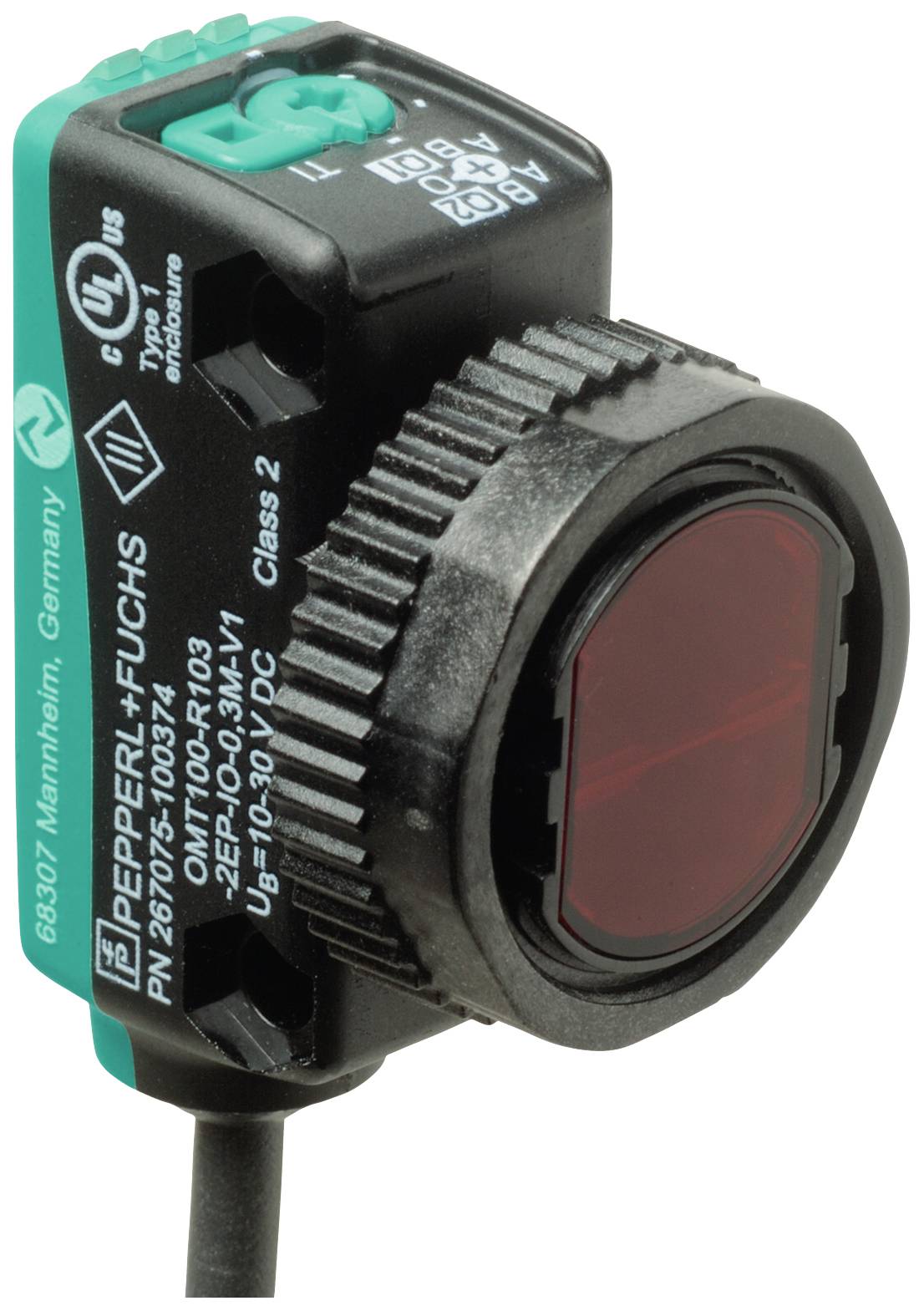 Induktiver Sensor von Pepperl+Fuchs, Modell NBN4-12GM40-Z0, mit Kunststoffgehäuse und Kabelanschluss für industrielle Anwendungen.