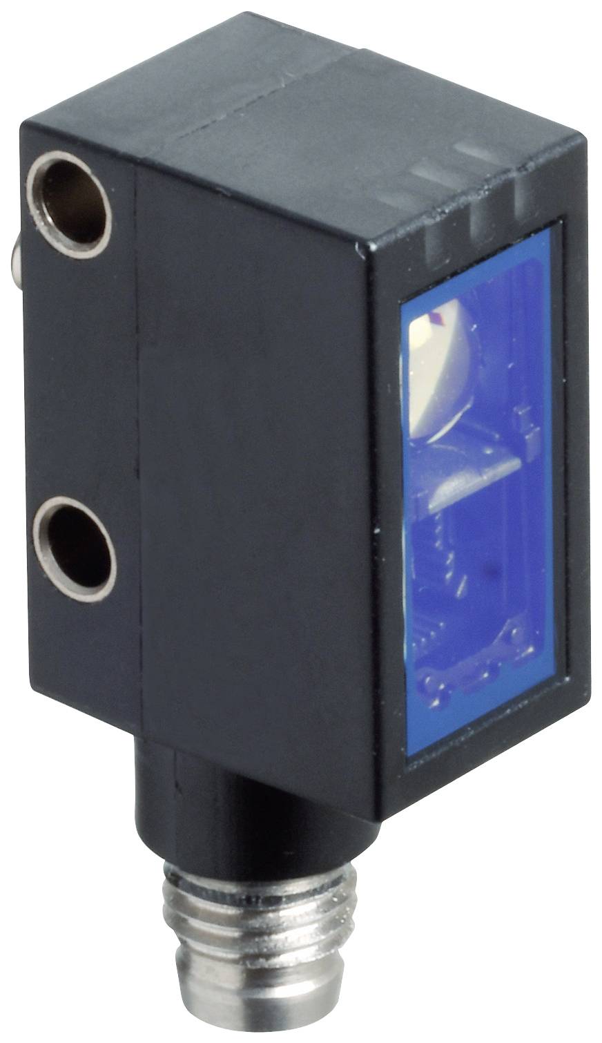 Schwarzer rechteckiger Sensor mit blauer Vorderseite und Metallanschluss unten, typischerweise für industrielle Anwendungen verwendet.