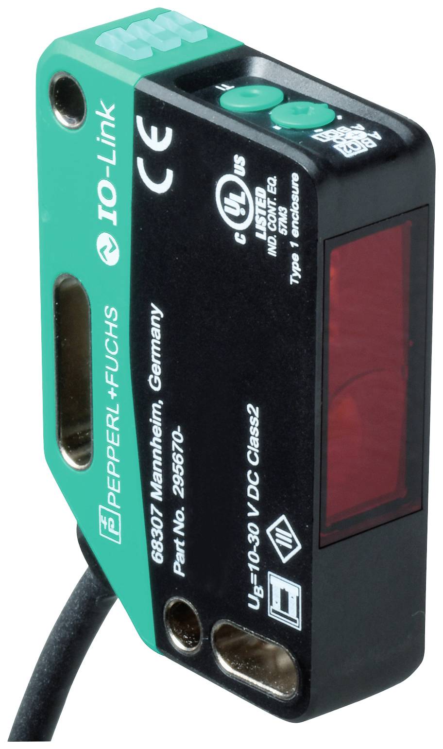 Ein rechteckiger Sensor von Pepperl+Fuchs, Modellnummer mit CE-, UL-, und CCC-Zertifizierungen, rotes Sensorausgangsfenster.