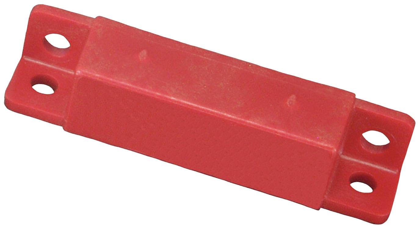 Rotes, rechteckiges Plastik-Bauteil mit vier Befestigungslöchern, jeweils zwei an den gegenüberliegenden Enden des Bauteils.