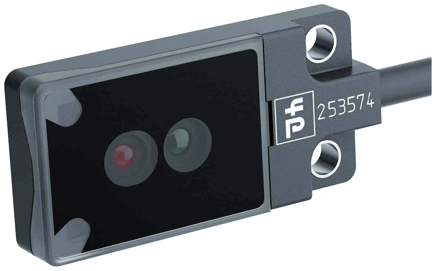 Nahaufnahme eines schwarzen Sensors mit Kabel, zwei Linsen und aufgedruckter Nummer 253574, montierbar an einer Oberfläche.