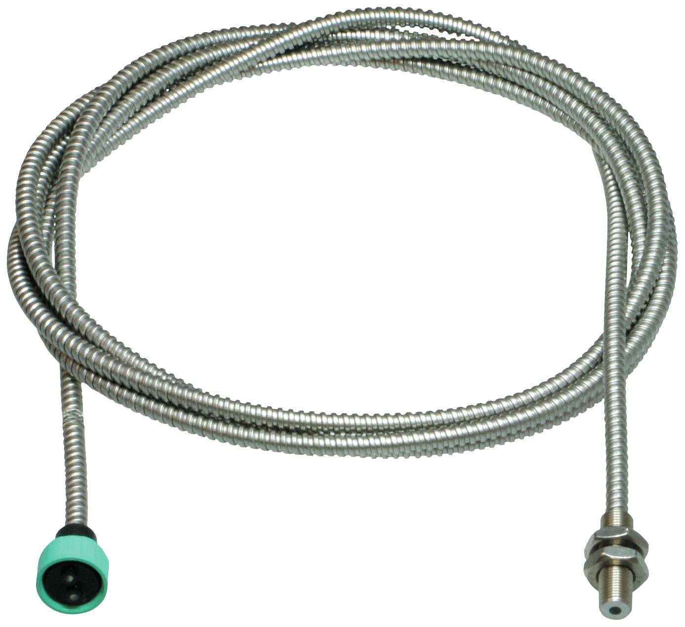 Metallschlauch mit flexibler Edelstahlummantelung, zwei Kupplungen an den Enden, geeignet für Sanitär- oder technische Anwendungen.