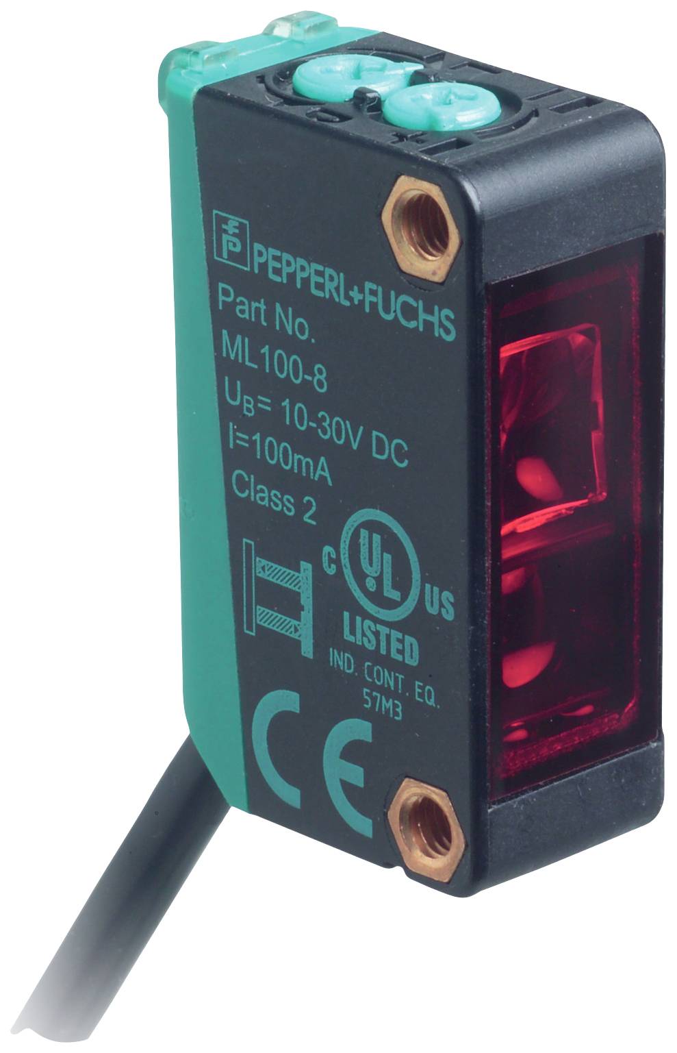 Optischer Sensor mit roter Linse und Kabel. Aufdruck: 'Pepperl+Fuchs'. Modellnummer ML100-8. Spannung 10-30V DC, Strom 100mA.