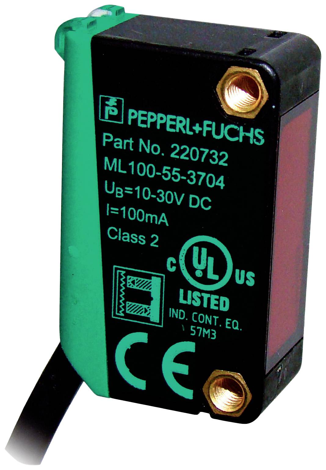 Ein grüner Sensor von Pepperl+Fuchs mit der Teilenummer 220732. Er hat eine Spannungsaufnahme von 10-30V DC und ist UL-gelistet.