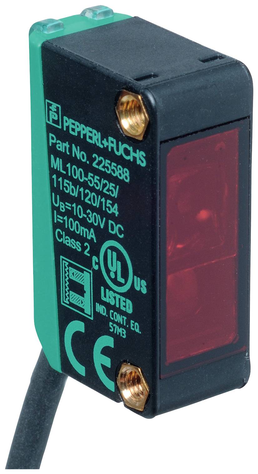 Induktiver Sensor von Pepperl+Fuchs mit Produktnummer 225889, schwarz-grünes Gehäuse, elektrische Spezifikationen aufgedruckt.
