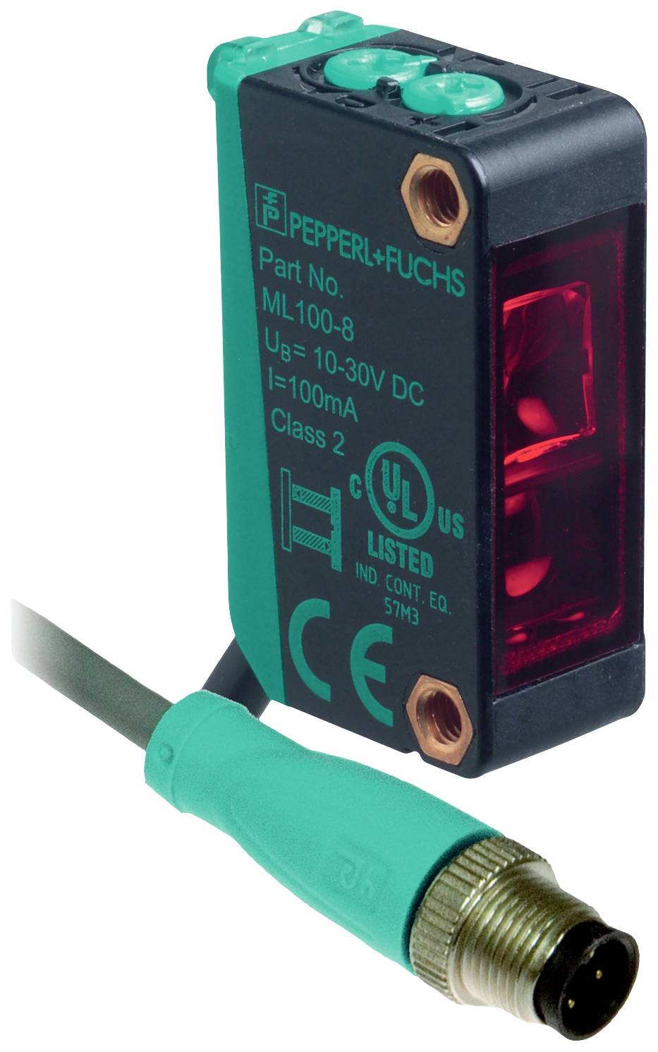 Ein rechteckiger Sensor von Pepperl+Fuchs, Modell ML100-8, mit rotem Licht und Kabelanschluss. Spannung 10-30V DC, Strom 100mA.