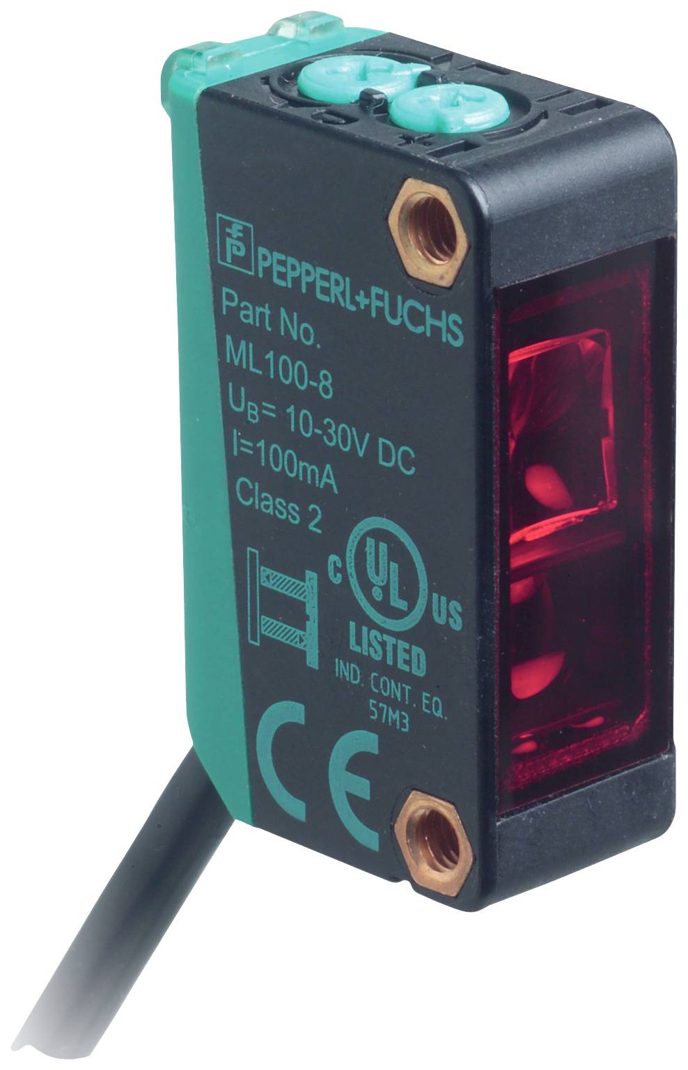Ein rechteckiger, schwarz-grüner Sensor von Pepperl+Fuchs mit Aufschrift 'ML100-8'. Betriebsspannung: 10-30V DC, Strom: 100mA.