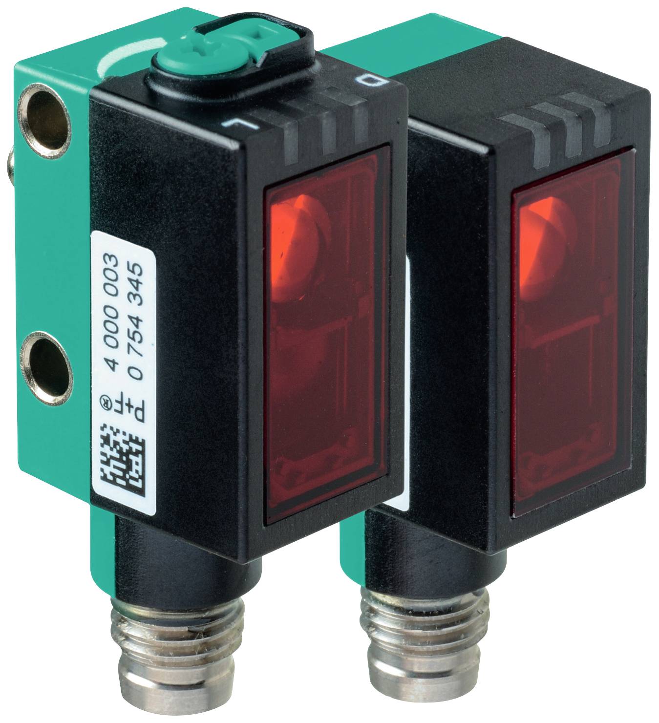 Zwei rechteckige, grün-schwarze optische Sensoren mit rotem Lichtfenster und Schraubanschluss.