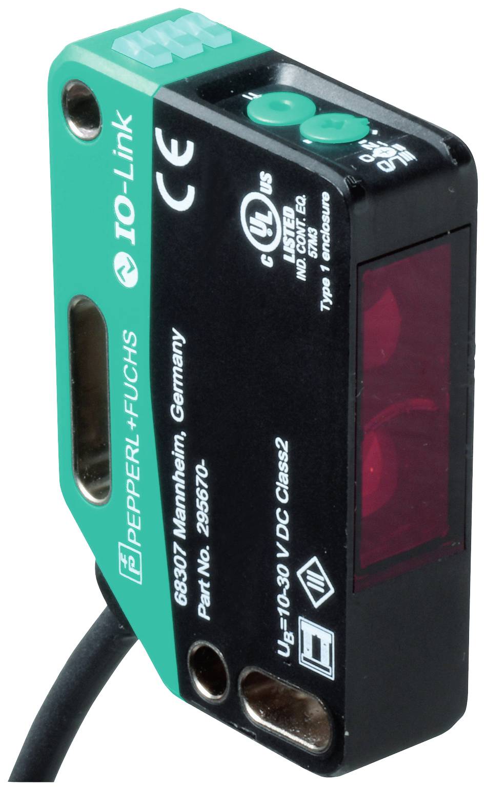 Ein rechteckiger, grüner und schwarzer Sensor von Pepperl+Fuchs mit IO-Link-Kennzeichnung, CE- und UL-Zertifizierungen.
