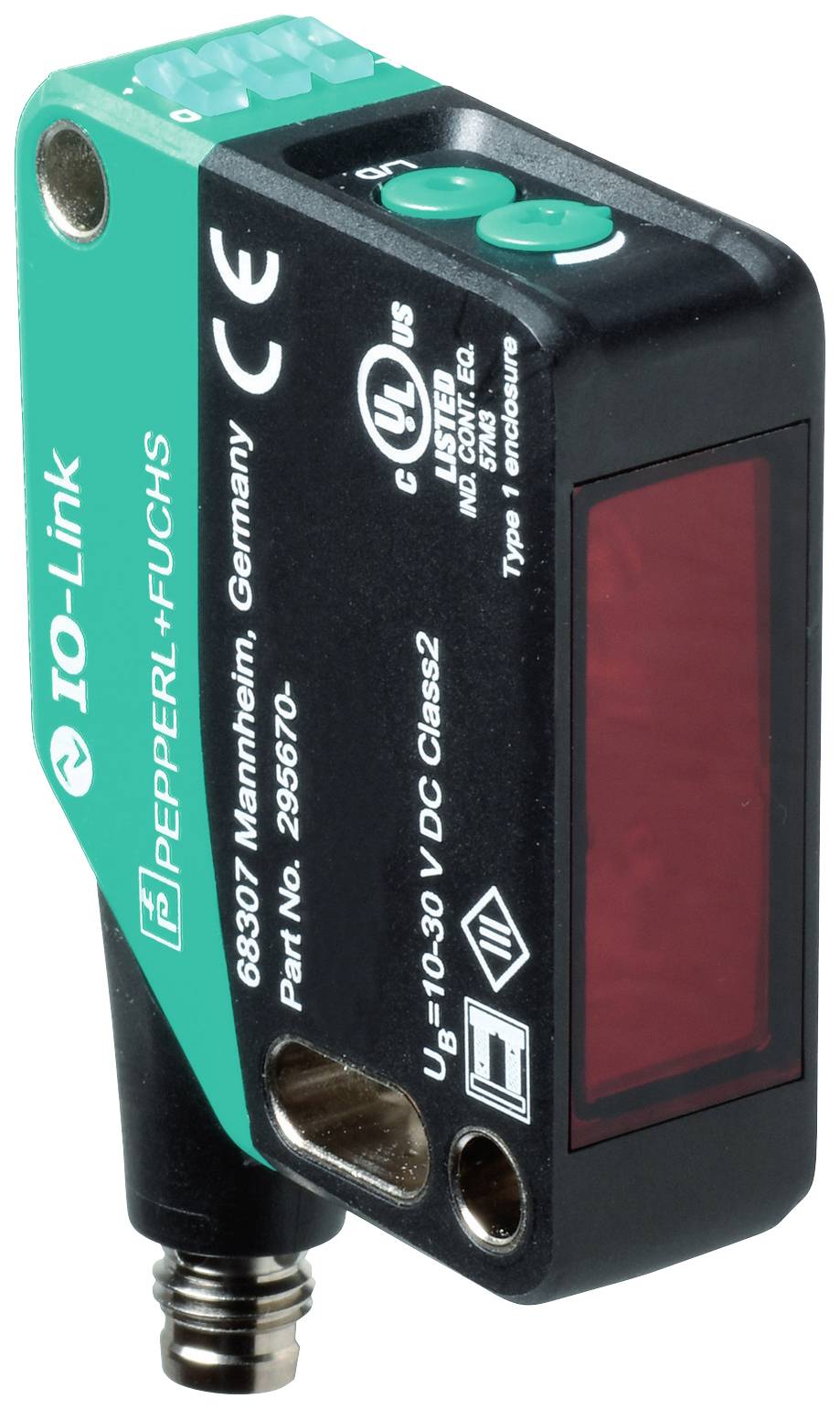 Ein rechteckiger Sensor mit roter Front und grüner Oberseite. Aufdruck 'IOLink', Herstellerangaben, und Anschlüsse erkennbar.