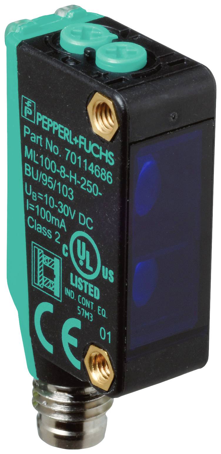 Ein rechteckiger, schwarzer Sensor mit Modellnummer PEPPERL+FUCHS ML100-8-H-250. CE- und UL-Zeichen sind sichtbar.