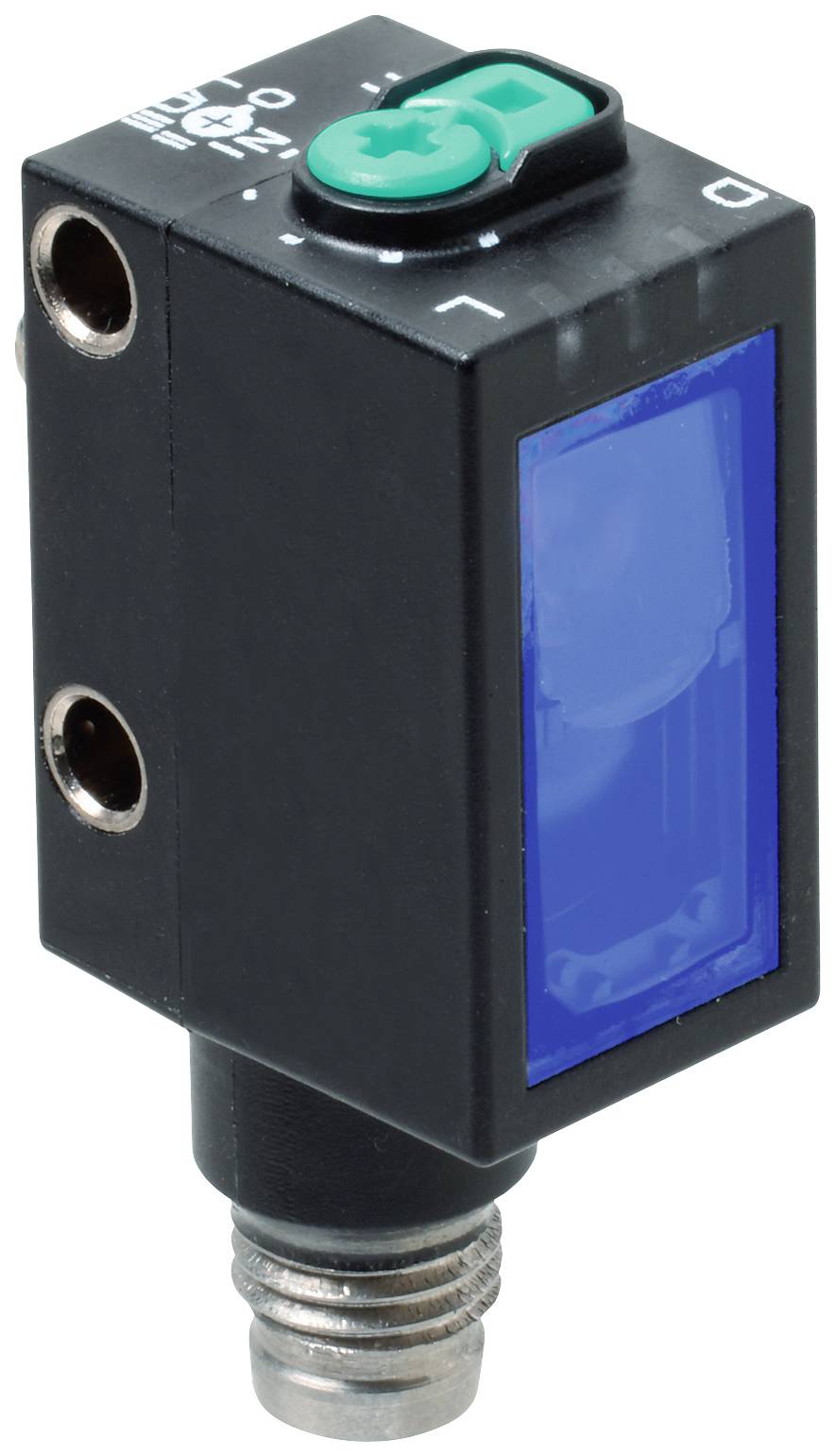 Ein rechteckiger schwarzer Sensor mit blauem Fenster und grünem Knopf, geeignet zur präzisen Objekterkennung.