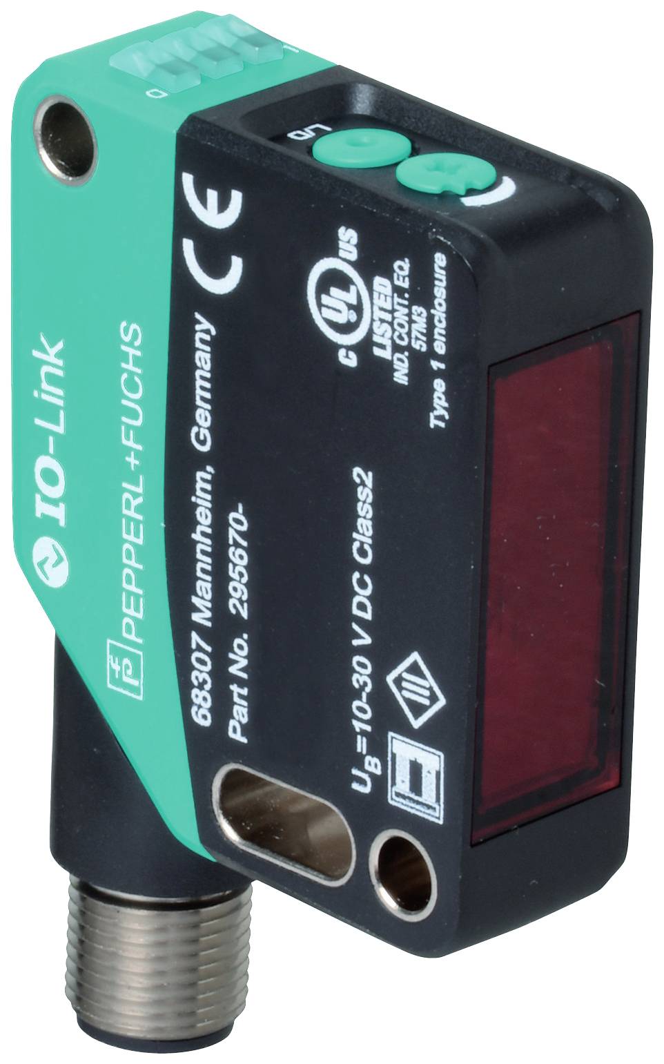 Optischer Sensor von Pepperl+Fuchs mit IO-Link-Funktion, Modell 83K, schwarzes Gehäuse, grüner Aufsatz, sichtbare Elektronik.