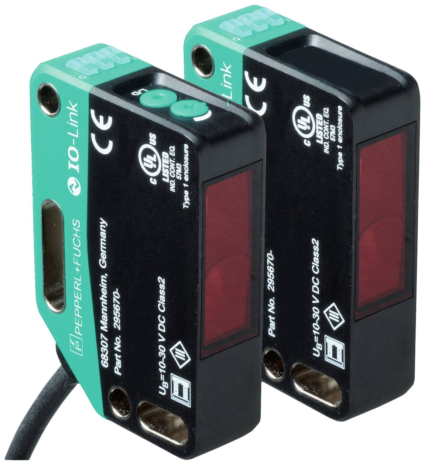 Zwei schwarze optoelektronische Sensoren mit grünen Einsätzen, Marke Pepperl+Fuchs, Modellangaben und technische Daten auf der Seite.