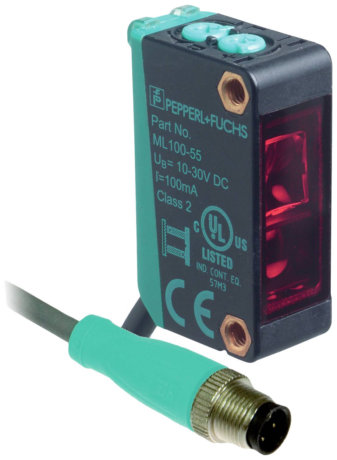 Ein rechteckiger, elektrischer Sensor von Pepperl+Fuchs mit Kabel und Stecker, Model 'ML100-55', darauf sind technische Spezifikationen aufgedruckt.