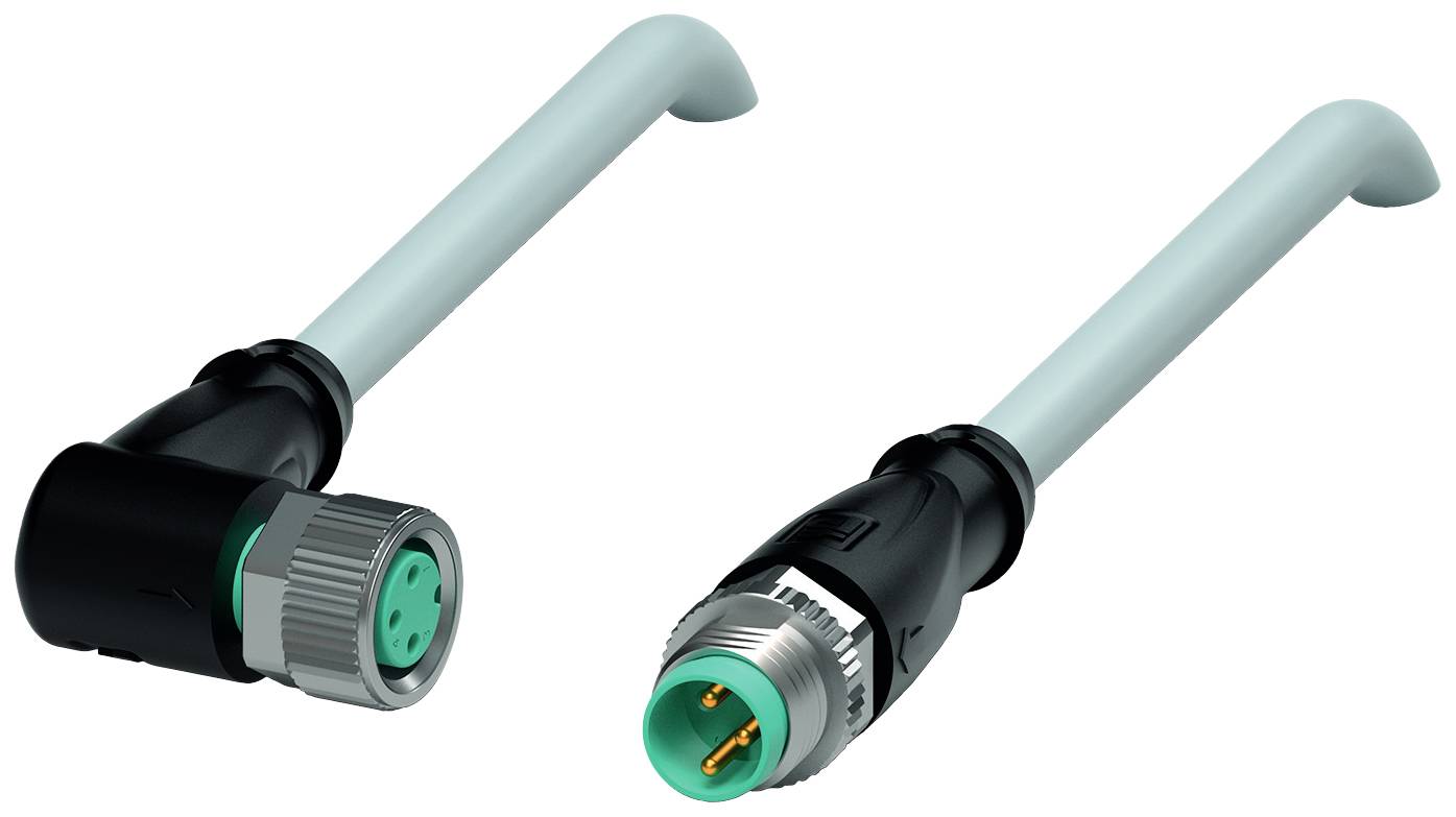 Zwei elektrische Steckverbinder: einer hat eine Buchse, der andere einen Stecker mit Stiftkontakten. Beide sind rechtwinklig geformt.