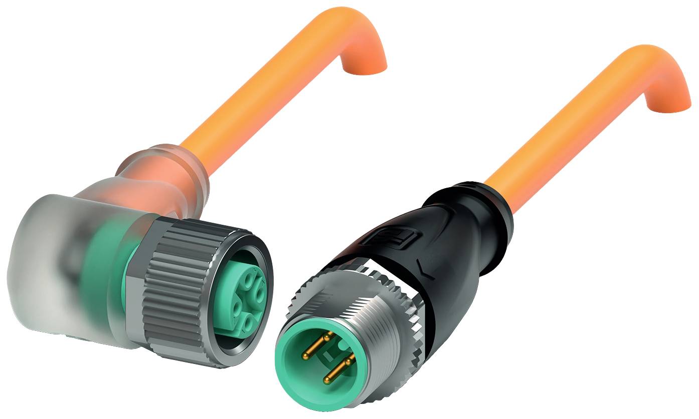 Zwei Steckverbinder mit orangefarbenen Kabeln; links ein abgewinkelter, grauer Vierpol-Stecker, rechts ein gerader, schwarzer Dreipol-Stecker.