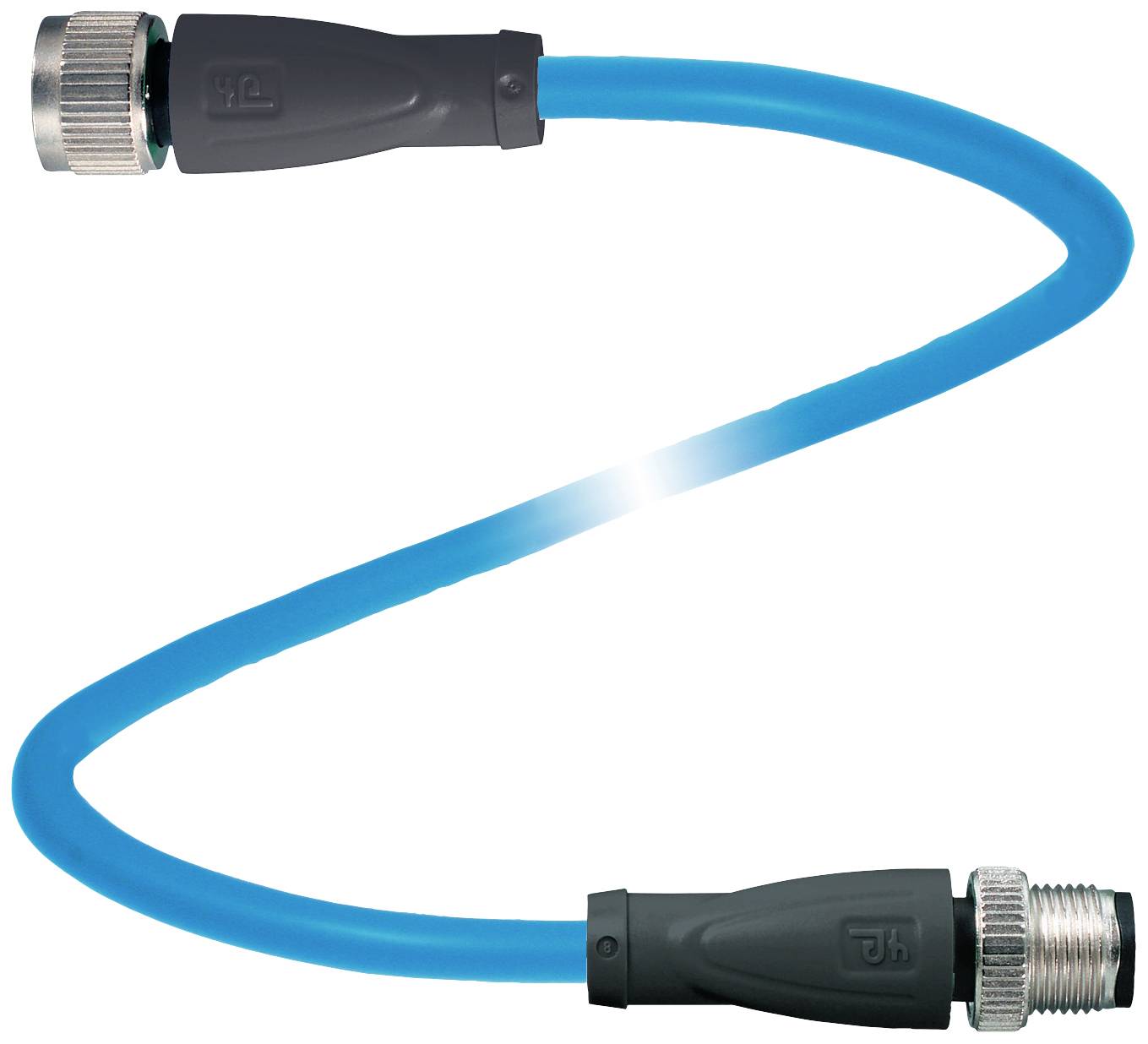 Ein blaues, flexibles Kabel mit schwarzen Anschlüssen an beiden Enden, vermutlich zur elektrischen Verbindung von Geräten.