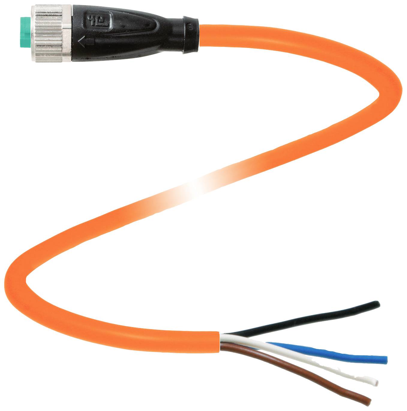 Ein oranges, gewundenes Kabel mit einer schwarzen Steckverbindung an einem Ende und vier freiliegenden Drahtadern am anderen.