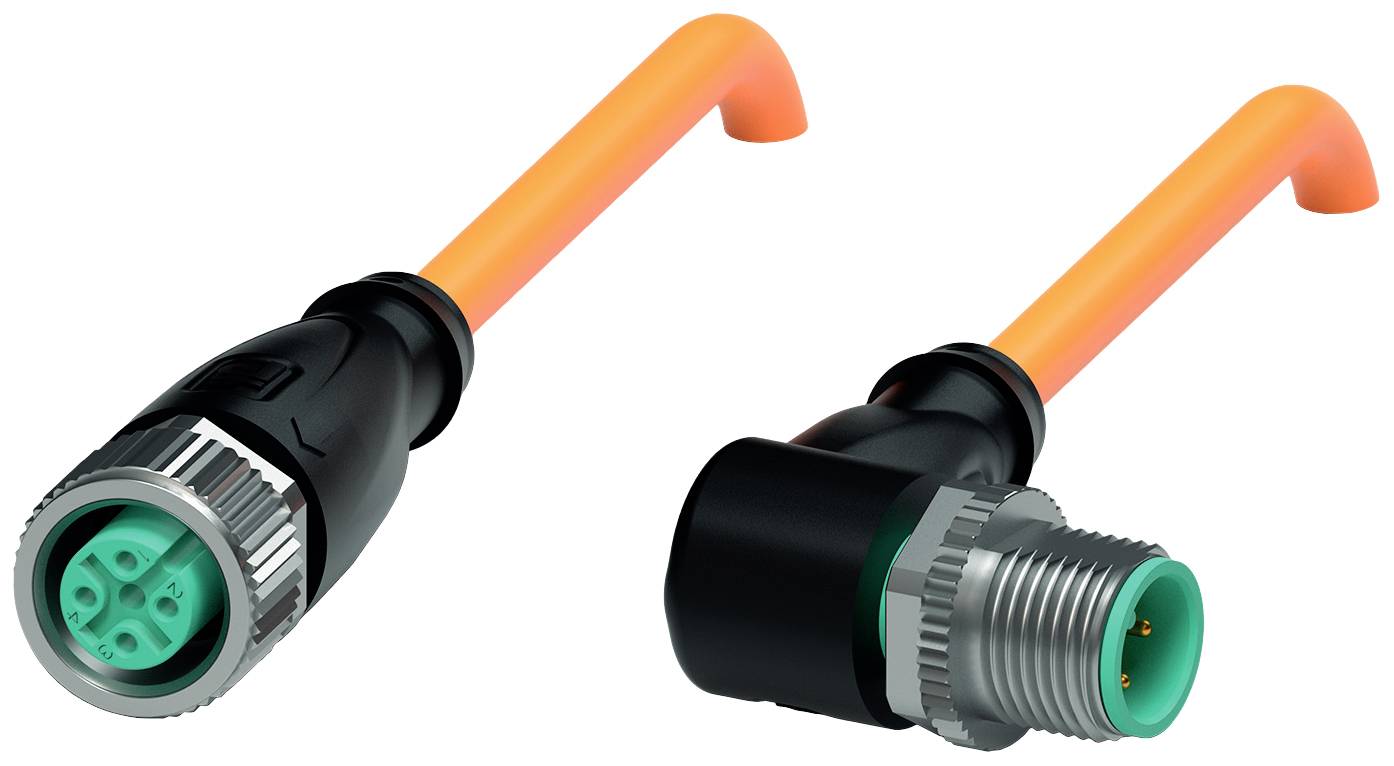 Zwei orange Kabel mit schwarzen Steckverbindern. Links: weiblicher Steckverbinder mit grüner Innenfläche; rechts: männlicher Steckverbinder.