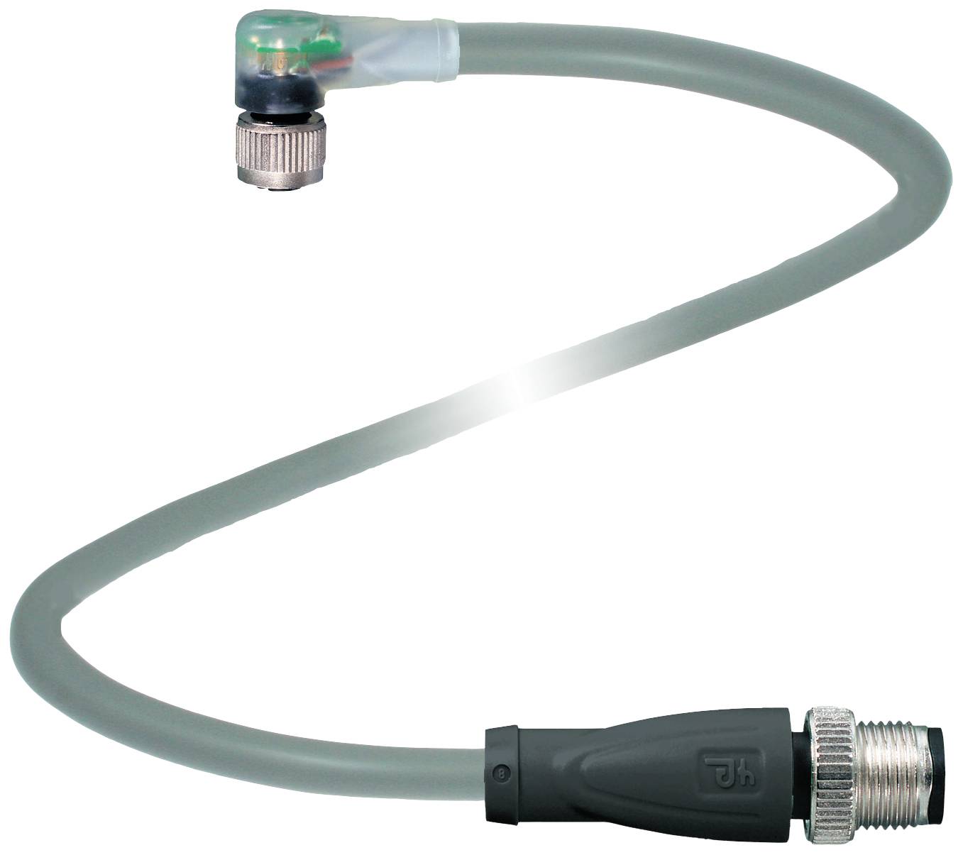 Graues, flexibles Kabel mit einem abgewinkelten und einem geraden Steckverbinder. Eignet sich für elektronische Anwendungen.