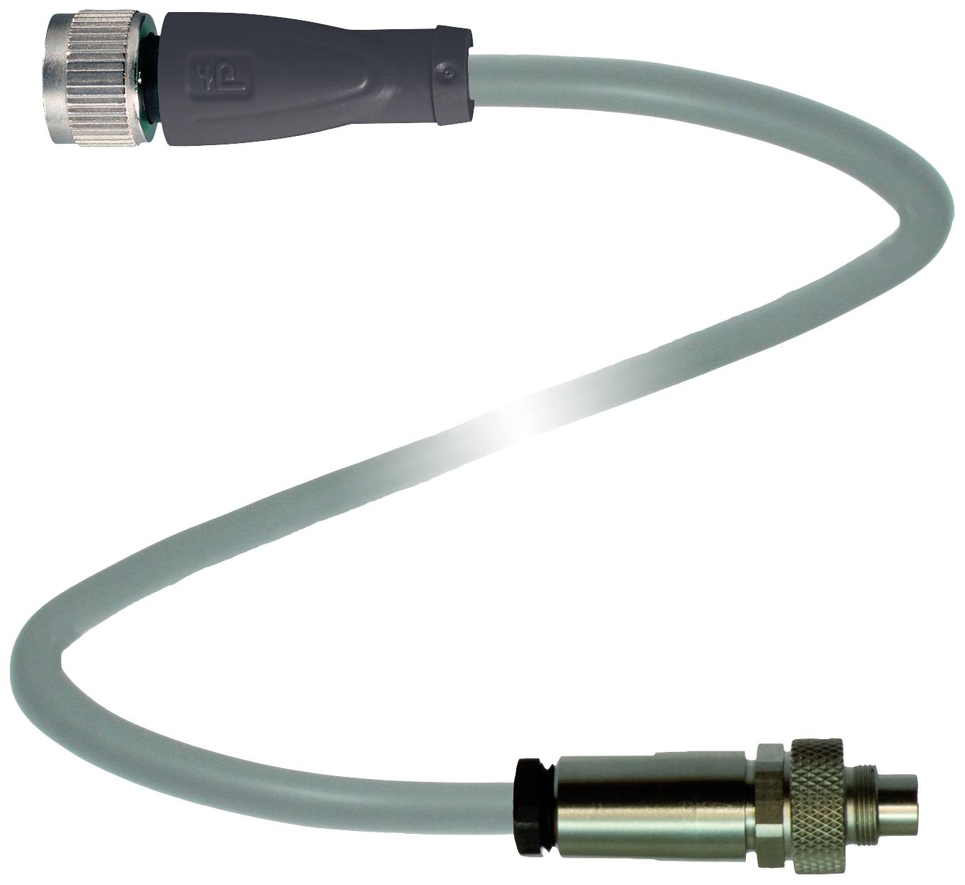 Ein graues, gebogenes Kabel mit zwei Steckverbindungen, bestehend aus einem BNC-Stecker und einer grauen, isolierten Buchse.