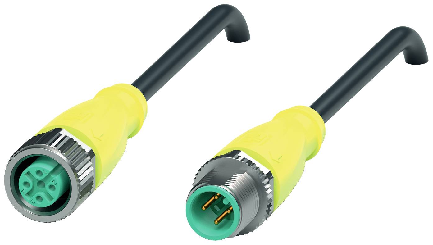 Zwei gelbe und grüne Kabelstecker mit Metallgewinden, einer mit drei Steckplätzen, der andere mit drei Kontakten, auf weißem Hintergrund.