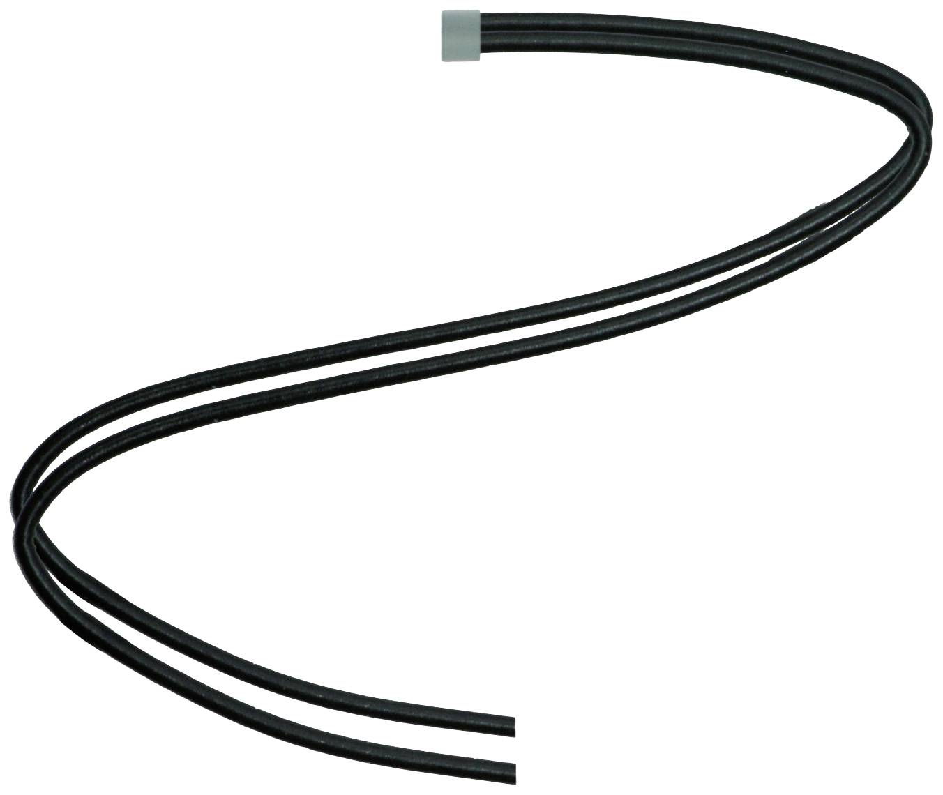 Ein schwarzes Kabel, das sich in einer sanften S-Form windet. Oben ist ein grauer Schutz auf einem Kabelende sichtbar.