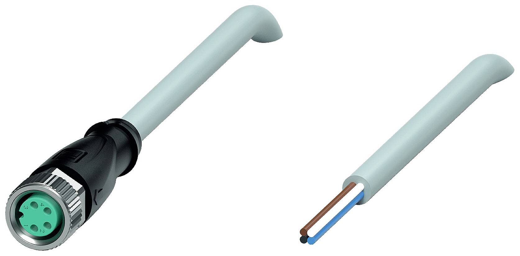 Ein abgerundeter Steckverbinder mit einem grünen Einsatz links und ein Kabel mit freiliegenden Kupferdrähten rechts.
