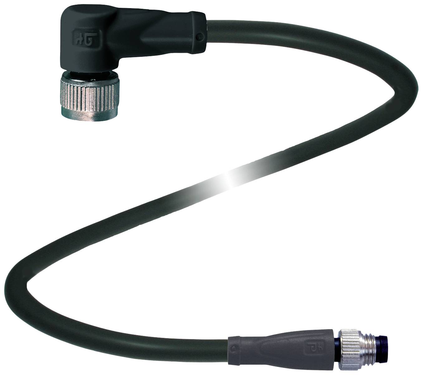 Ein schwarzes, flexibles Kabel mit zwei Steckern, einem abgewinkelten und einem geraden Stecker, eignet sich für elektronische Verbindungen.